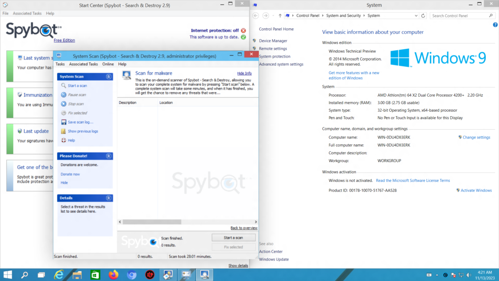 Spybot Search And Destroy - Full System Malware Scan on windows 9 Installation 0 Infections